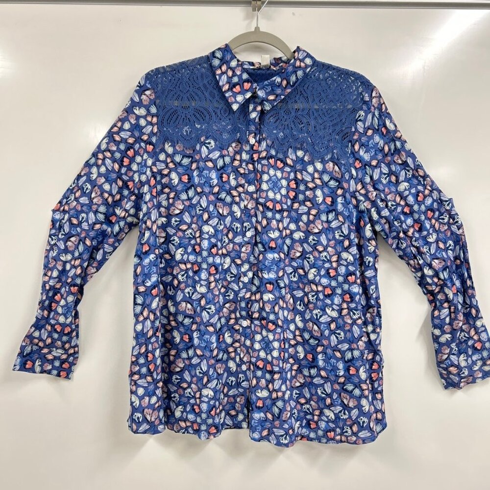 Cato XL Butterfly Cottagecore Blouse Blue Lace Whimsical Grandmacore Feminine